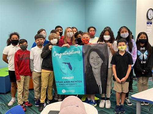Sarah Painter's class celebrates the news that she is a State Teacher of the Year Finalist